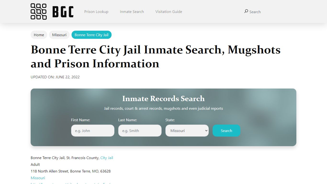 Bonne Terre City Jail Inmate Search, Mugshots and Prison Information